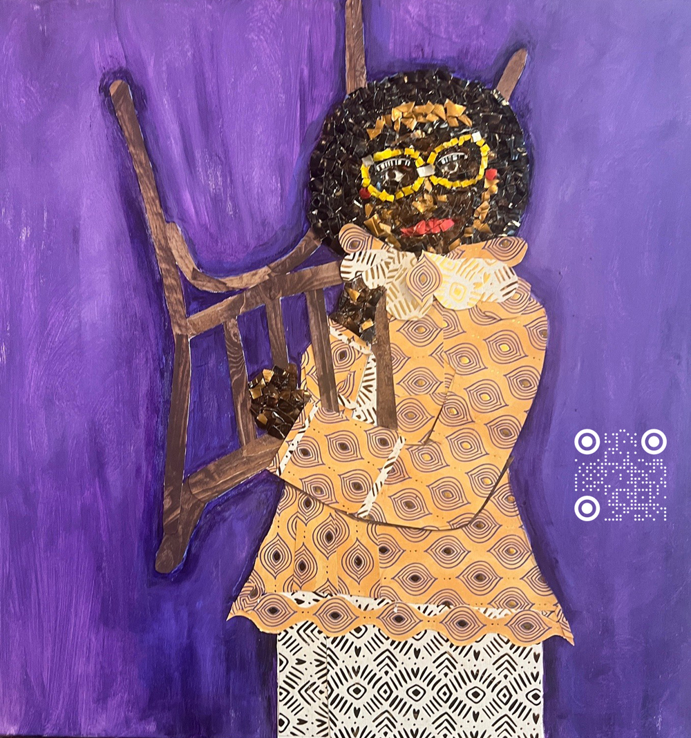 SAW Marketplace A mixed media painting of Shirley Chisholm, created using recycled Nespresso coffee pods for her face, hair, and eyeglasses by Dr. Shirley Whitaker